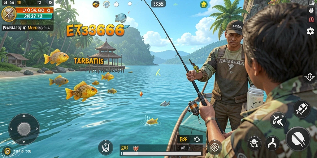 Gambaran gameplay yang mendebarkan dalam 333666 saat menangkap ikan.