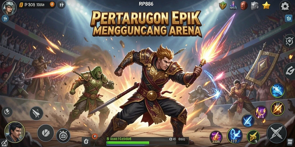 Screenshot utama RP886 menampilkan karakter sedang bertarung di arena.