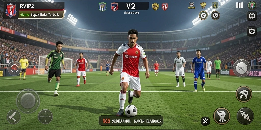 Tangkapan layar utama RVIP2 menampilkan aksi sepak bola yang seru dan nyata.